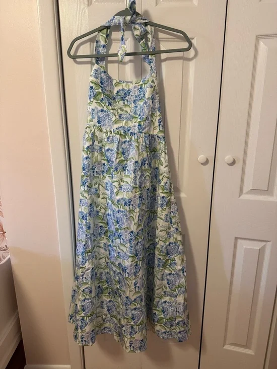 Hill House x La Coqueta Fleur Midi Dress Blue Hydrangea Halter Cotton L NWT - Picture 3 of 6